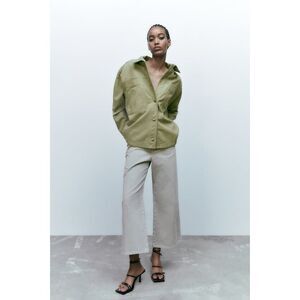 Zara Denim Cotton Jacket Tie Waist  Sage Green Sz S Oversized Fit Patch Pockets